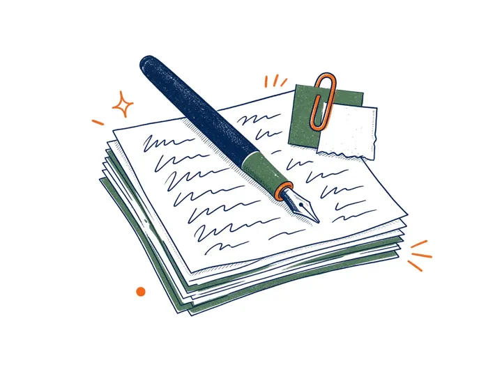 Illustration: a fountain pen on a stack of written pages with quotes clipped on
