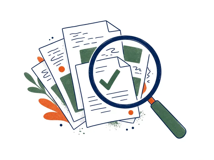 Illustration: a magnifying glass over a fan of papers, one marked with a tick