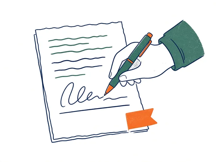 Illustration: a hand signing a document at the signature line