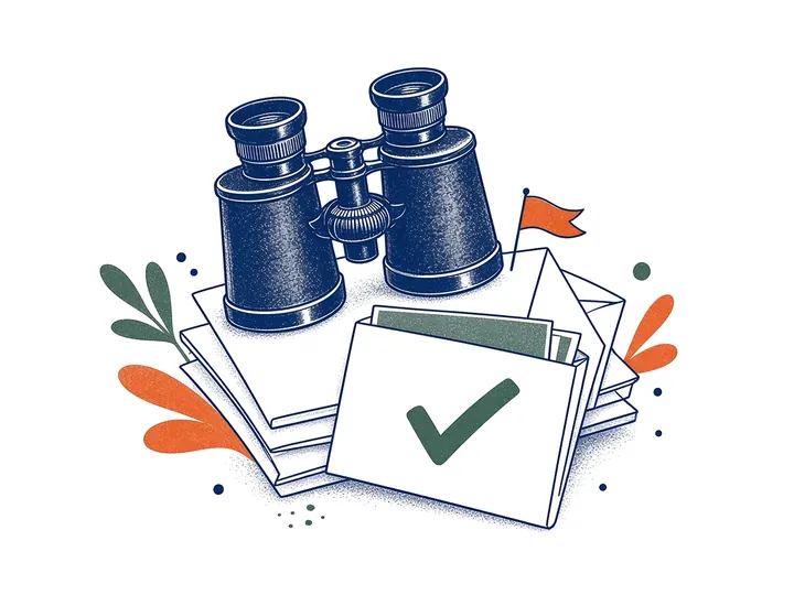 Illustration: binoculars resting on a stack of envelopes, one marked with a tick